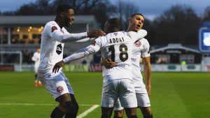 Alex Addai celebrates with his new Maidenhead United teammates. Photo: Darren Woolley / darrenwoolley.photos