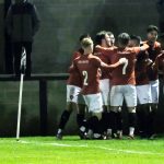 Bracknell Town celebrate Scott Rees' goal in the FA Trophy at Salisbury. Photo: Andrew Batt.