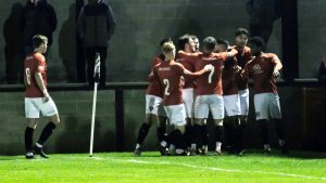 Bracknell Town celebrate Scott Rees' goal in the FA Trophy at Salisbury. Photo: Andrew Batt.