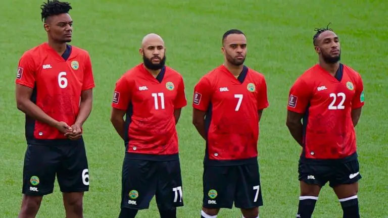 Rohan Ince (far left) and James Comley (centre left) line up for Montserrat. Photo: Souleyman Garcia.