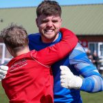 Chris Grace celebrates after Binfield's FA Vase penalty shoot-out win. Photo: Neil Graham / ngsportsphotography.com