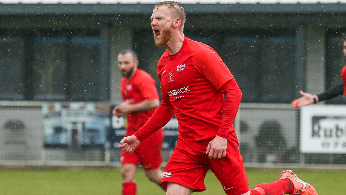 Josh Helmore celebrates his Binfield goal. Photo: Neil Graham / ngsportsphotography.com