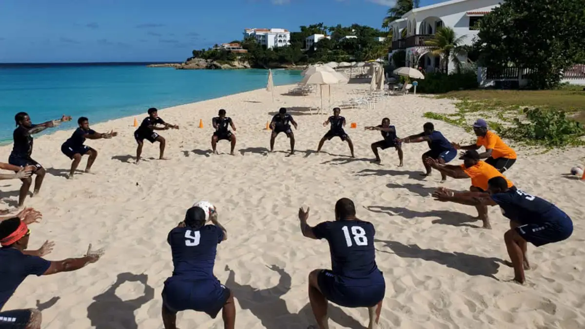 The Anguillan national team training on the beach. Supplied by Anguillan FA