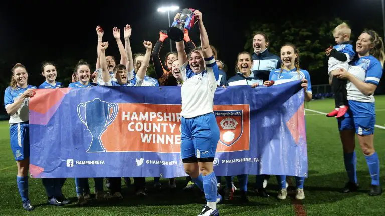 Eversley & California Ladies celebrate winning the Hampshire Women's FA Trophy 2019/20 Photo: Richard Milam