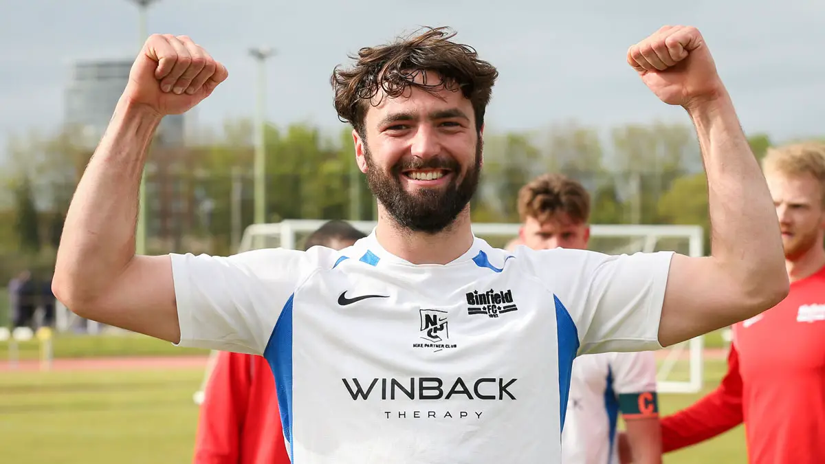 Liam Gavin celebrates Binfield's win. Photo: Neil Graham / ngsportsphotography.com