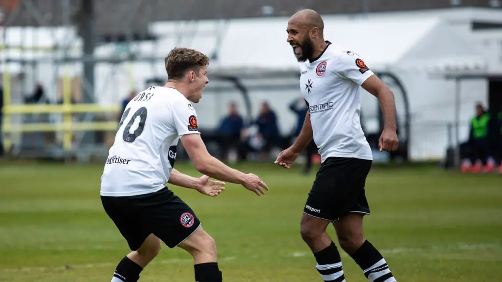 James Comley celebrates his goal against Wrexham. Photo: Darren Woolley / darrenwoolley.photos