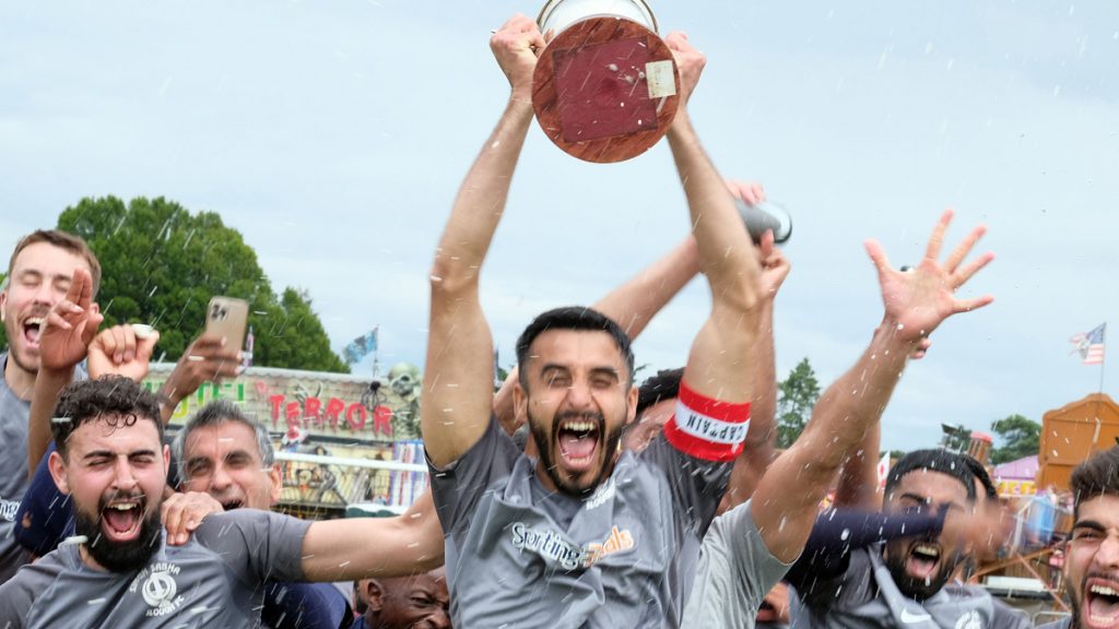 Singh Sabha Slough FC lift the East Berks Football League Trophy. Photo: Andrew Batt / contentello.smugmug.com