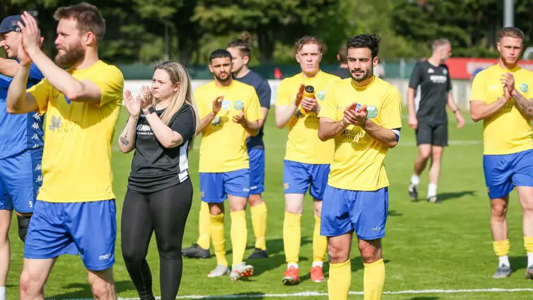 Ascot United's players applaud their supporters after a penalty shootout defeat in the 2020/21 League Cup Final. Photo: Neil Graham / ngsportsphotography.com