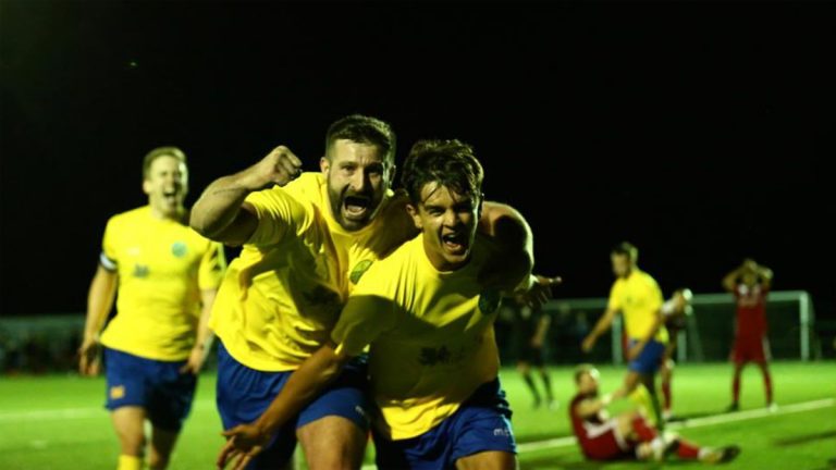 Chris Ellis and Sam Evans celebrate a late Ascot United winner. Photo: Robert Mack/Shooting Stars.