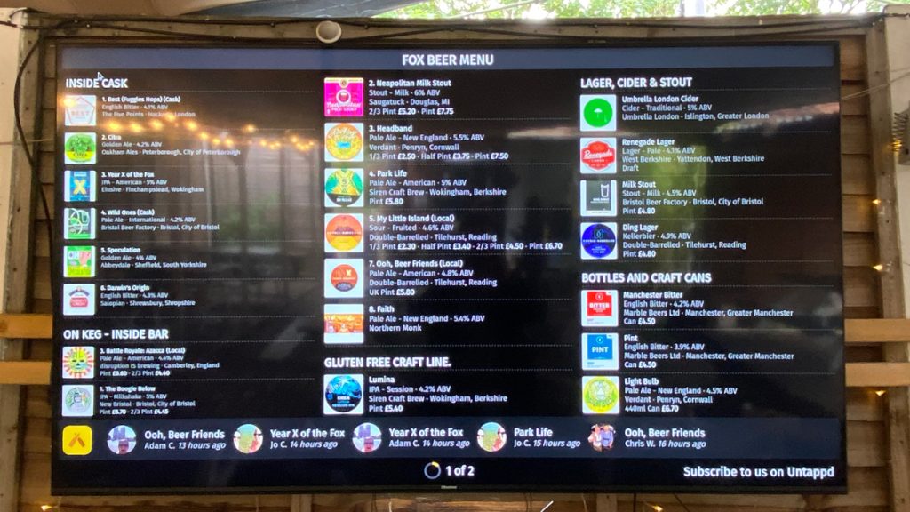 Fox and Hounds Caversham beer menu