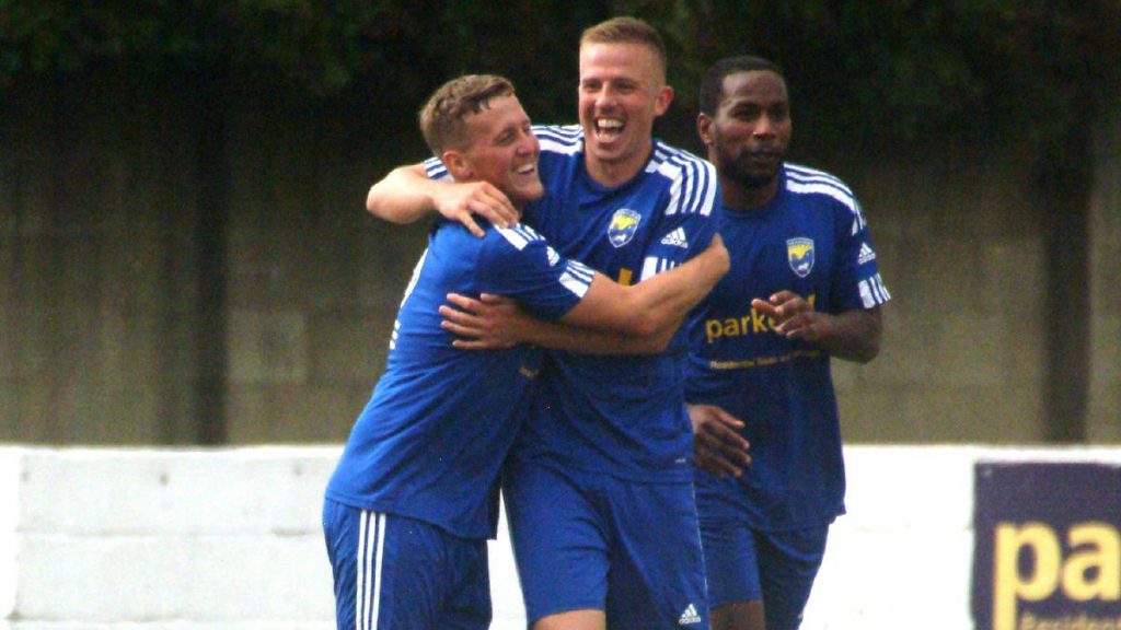 Josh Baines celebrates scoring Reading City's first goal. Photo: Peter Toft.
