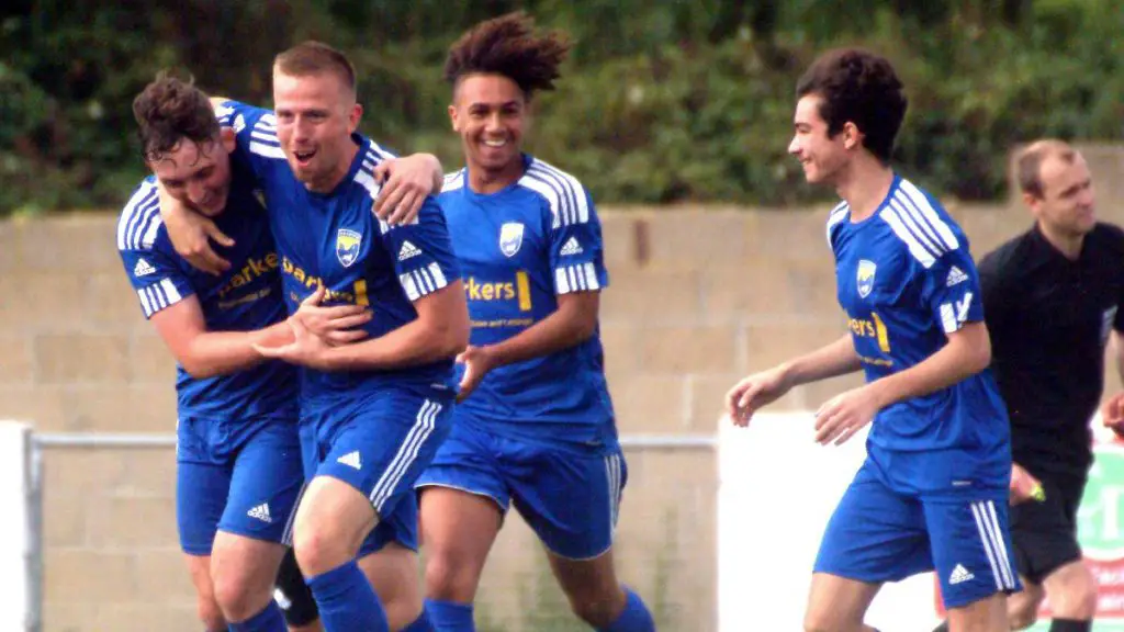 Josh Baines celebrates scoring for Reading City. Photo: Peter Toft.