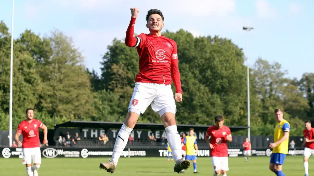 Seb Bowerman celebrates scoring for Bracknell Town in the FA Trophy. Photo: Neil Graham / ngsportsphotography.com