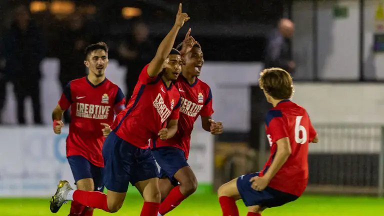 Langley's Junior Attridge is full of joy in the FA Youth Cup tie with Maidenhead United. Photo: Darren Woolley / darrenwoolley.photos