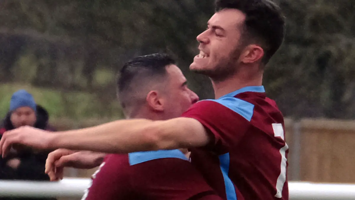 Dan Money and Luke Hayden celebrate Berks County's FA Vase opener. Photo: Andrew Batt.