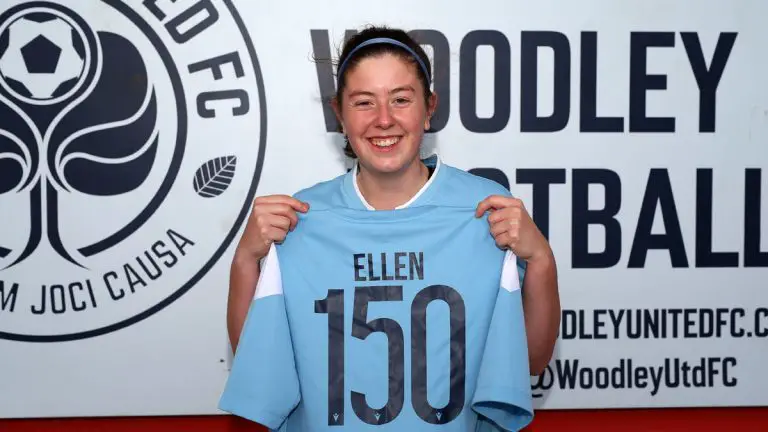 Ellen Surtees with her Woodley United shirt marking 150 appearances. Photo: Neil Graham / ngsportsphotography.com