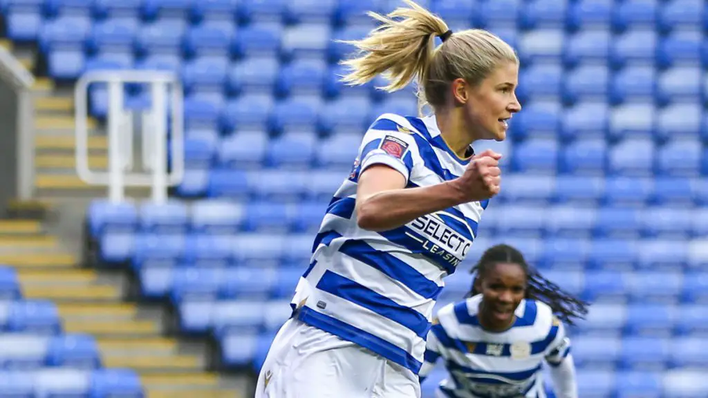 Justine Vanhaevermaet scores her first goal for Reading FC Women. Photo: Neil Graham / ngsportsphotography.com