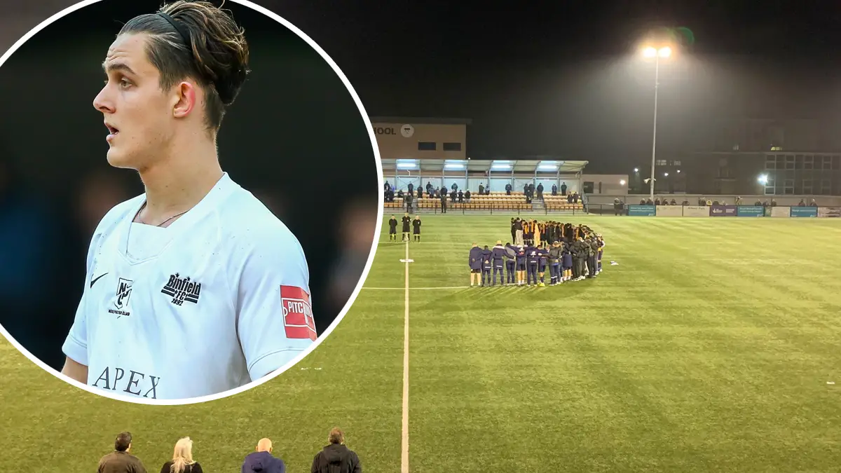 Minutes silence at Arbour Park. Inset, Christian Rowe. Photo: Slough Town FC.