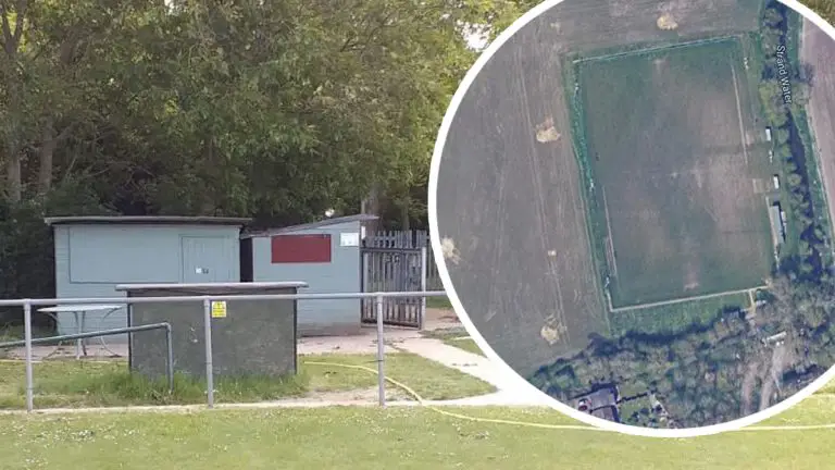 A view of the entrance to Holyport FC, and inset from the air (Google Streetview).