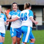 Rebekah Pantony celebrates her goal for Eversley & California. Photo: Richard Milam.