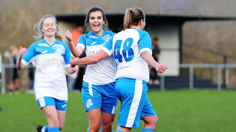 Rebekah Pantony celebrates her goal for Eversley & California. Photo: Richard Milam.
