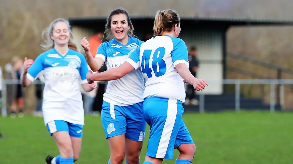 Rebekah Pantony celebrates her goal for Eversley & California. Photo: Richard Milam.