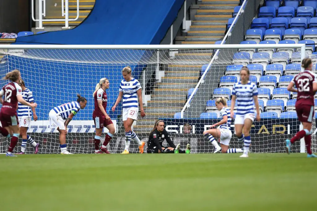Reading FC Women look disheartened having conceived an early goal in the second half of their FA Women's Super League tie against West Ham United. Photo by Neil Graham