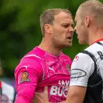 Maidenhead United's Sam Barratt and Notts County's Sam Slocombe argue. Photo: Darren Woolley.