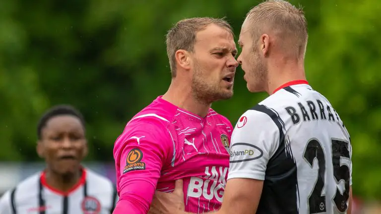 Maidenhead United's Sam Barratt and Notts County's Sam Slocombe argue. Photo: Darren Woolley.