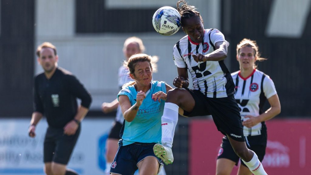 Shylla Duhaney wins a header for Maidenhead United Women Photo: Darren Woolley