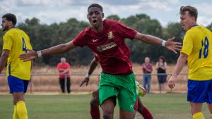 Kickie Dzimba celebrates scoring for Holyport in the FA Cup. Photo: Jonathan A Bowker.