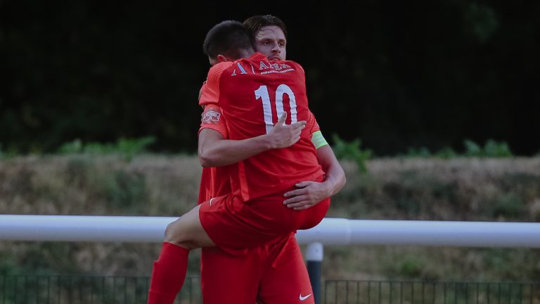 Sean Moore celebrates a Binfield FC goal. Photo: Neil Graham.