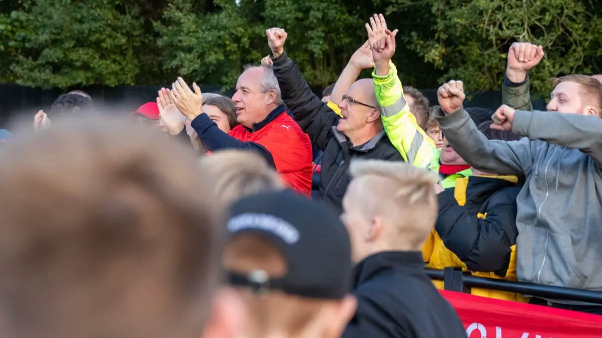 Bracknell Town fans after the Banbury United FA Cup win. Photo: John Leakey.