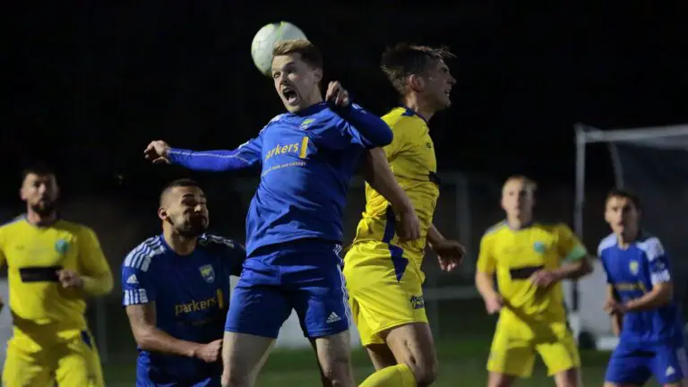 A mid air challenge during the Reading City vs Ascot United fixture. Photo: Hazel Worthy.