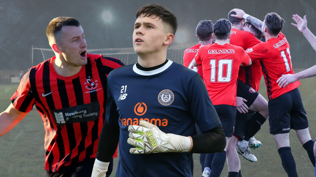 Finchampstead's Adam Mills, Hungerford Town goalkeeper Jed Ward and Bracknell Town celebrations. Photos by Andrew Batt, Jeff Youd and Neil Graham.