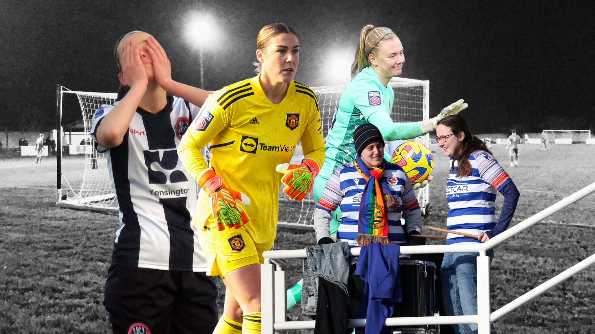 Megan Halfacree (by Andrew Batt), Mary Earps, Jacqui Burns and the Reading FC Women drummers (all Neil Graham).