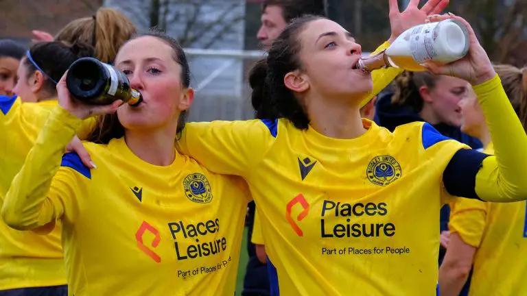 Woodley United Ladies celebrate their title win. Photo: Andrew Batt.