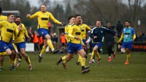 Ascot United celebrate their FA Vase Quarter Final win. Photo: Rob Mack.
