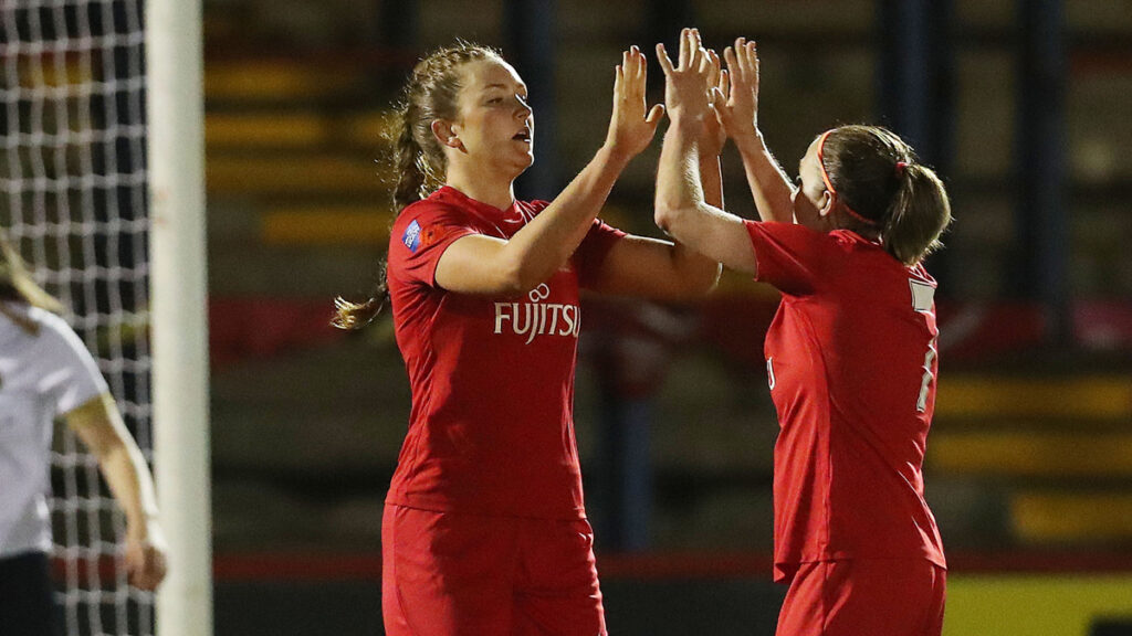 Imogen Fisher celebrates her second goal. Photo: Ian Morsman & Army FA.