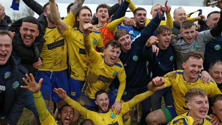 Ascot United players celebrate reaching the FA Vase final. Photo: Neil Graham.