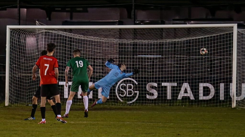 Ellis Day's winning strike for Berks County against Sandhurst Town. Photo: John Leakey.