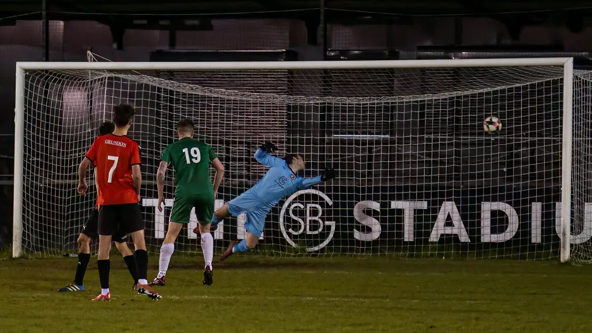 Ellis Day's winning strike for Berks County against Sandhurst Town. Photo: John Leakey.
