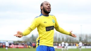 Brendan Matthew scores for Ascot United in the FA Vase semi final. Photo: Neil Graham.
