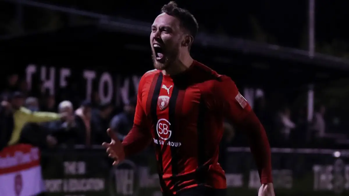Joe Grant celebrates for Bracknell Town. Photo: Neil Graham.