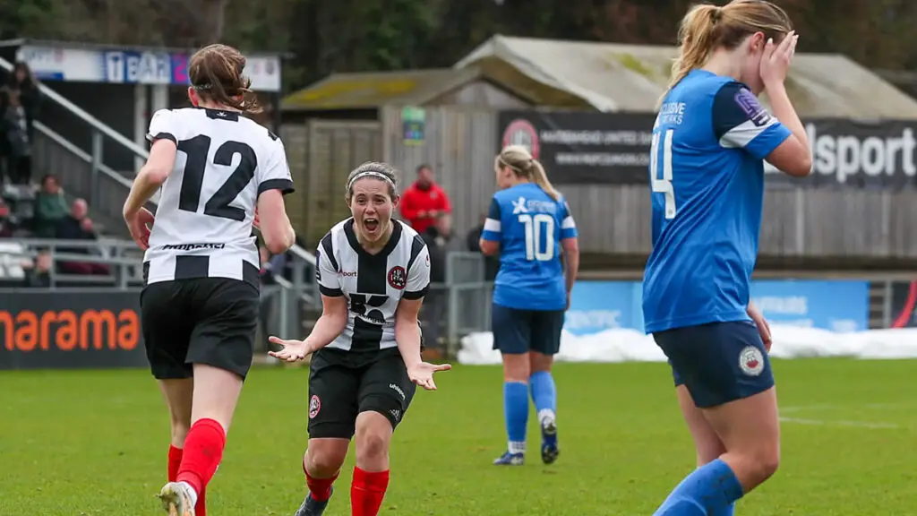 Vicky Carvill celebrating Megan Halfacree's goal for Maidenhead United. Photo: Darren Woolley.