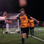 Matty Lench arms wide in the FA Cup for Slough Town. Photo: Neil Graham.