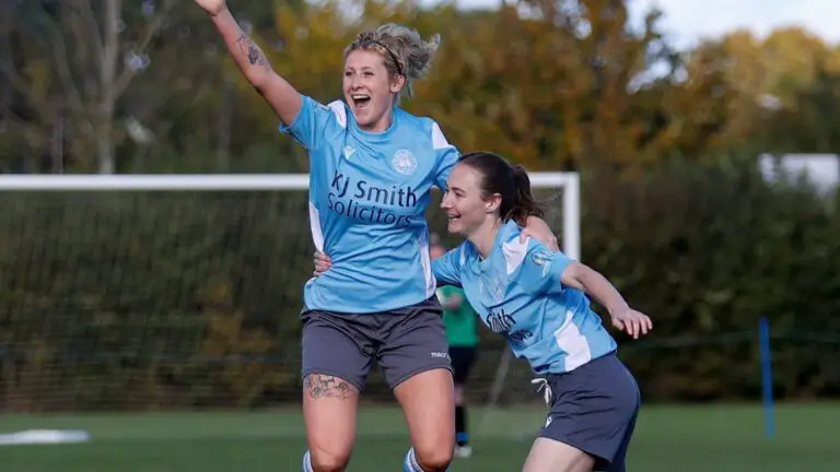 Sarah Lawrence celebrates for Woodley United. Photo: Andy Wicks.