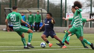 Fiifi Carter tries to find a way through the Westwood Wanderers defence. Photo: Richard Milam.