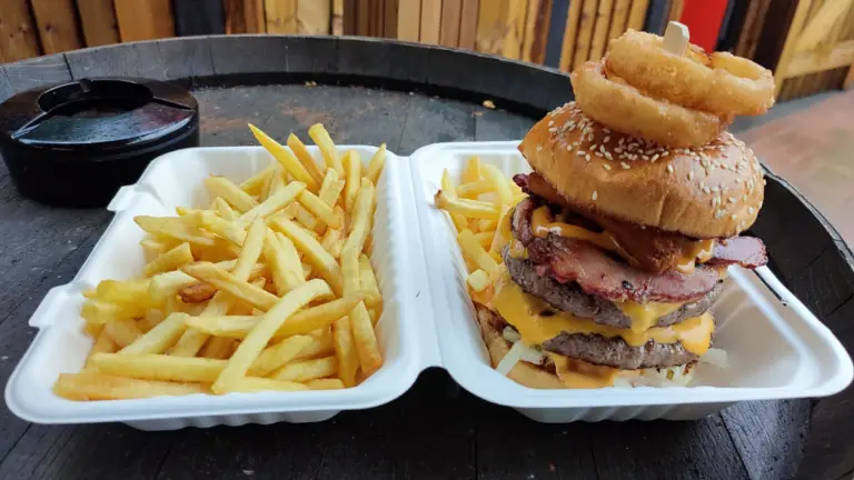 A double scotch beef burger and chips at Langley's home in Uxbridge, £10.99 at the time of visit.