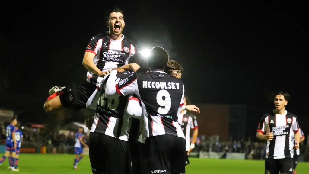 Maidenhead United celebrations during an Oldham Athletic fixture. Photo: Darren Woolley.